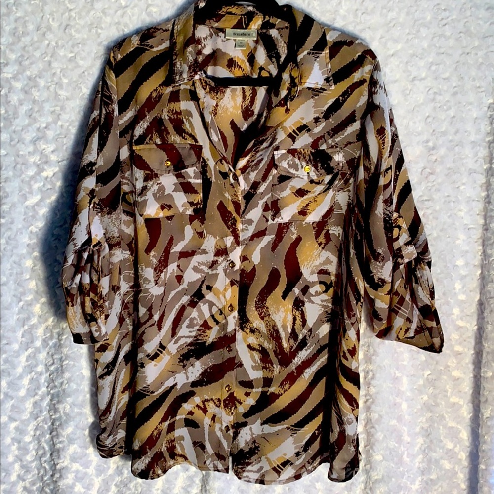 Silky feel tab button L/S blouse